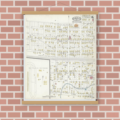 Old map wall art mockup — magnetic wood frame on brick wall — Sanborn Fire Insurance Map from East Palestine, Columbiana County, Ohio (1915), Sheet #0008