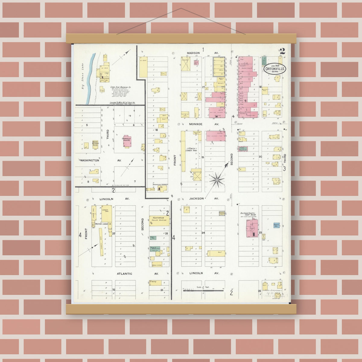 Old map wall art mockup — magnetic wood frame on brick wall — Sanborn Fire Insurance Map from Ortonville, Big Stone County, Minnesota (1909), Sheet #0002