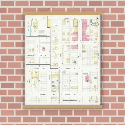 Old map wall art mockup — magnetic wood frame on brick wall — Sanborn Fire Insurance Map from Ortonville, Big Stone County, Minnesota (1909), Sheet #0002
