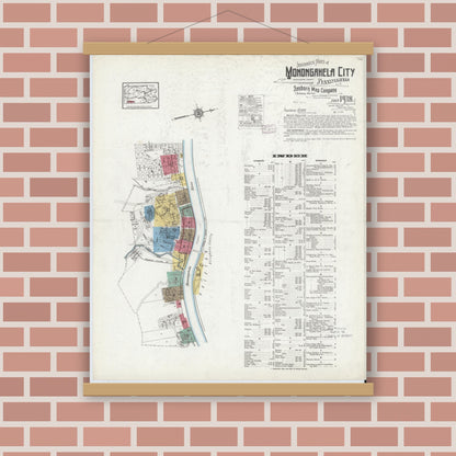 Old map wall art mockup — magnetic wood frame on brick wall — Sanborn Fire Insurance Map from Monongahela City, Washington County, Pennsylvania (1918), Sheet #0001