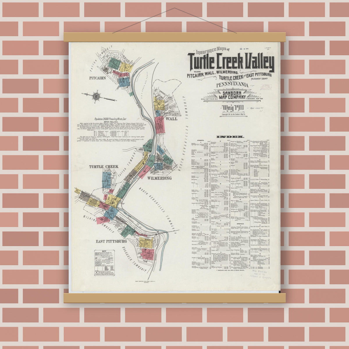 Old map wall art mockup — magnetic wood frame on brick wall — Sanborn Fire Insurance Map from Turtle Creek Valley, Allegheny County, Pennsylvania (1911) - Complete Map Set