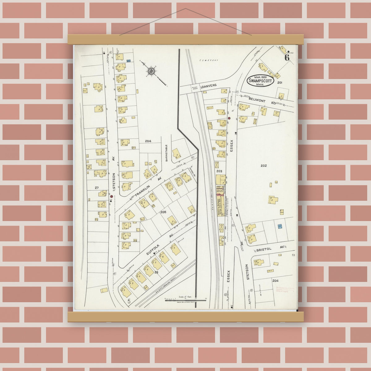 Old map wall art mockup — magnetic wood frame on brick wall — Sanborn Fire Insurance Map from Swampscott, Essex County, Massachusetts (1920), Sheet #0006