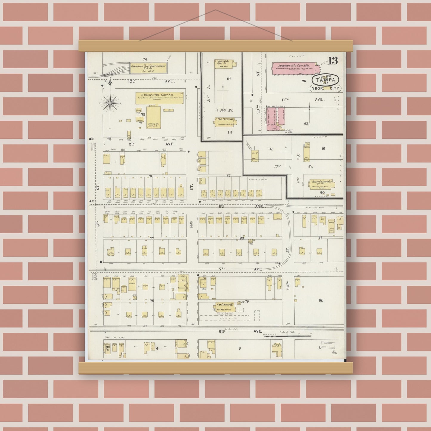 Old map wall art mockup — magnetic wood frame on brick wall — Sanborn Fire Insurance Map from Tampa, Hillsborough County, Florida (1895), Sheet #0017