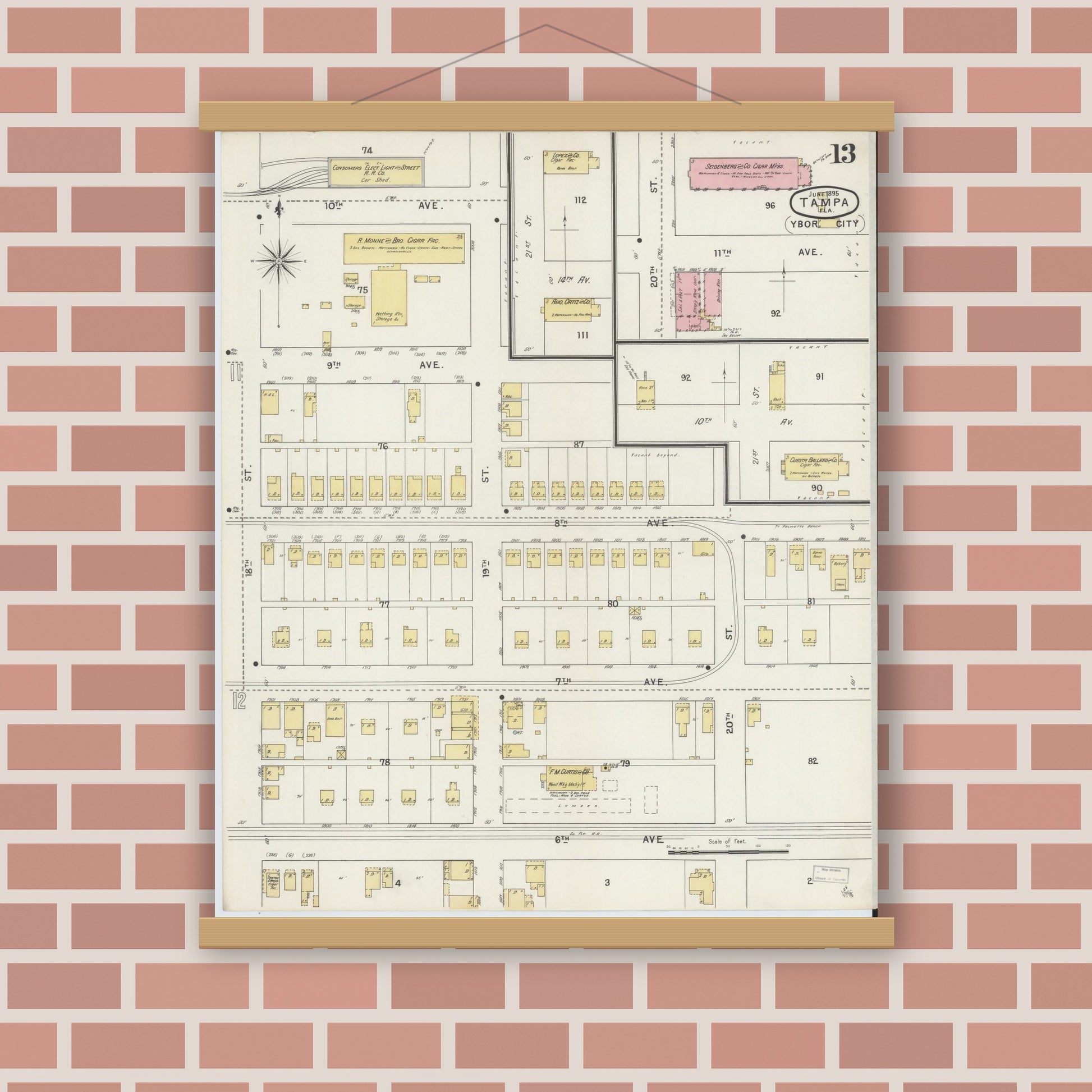 Old map wall art mockup — magnetic wood frame on brick wall — Sanborn Fire Insurance Map from Tampa, Hillsborough County, Florida (1895), Sheet #0017