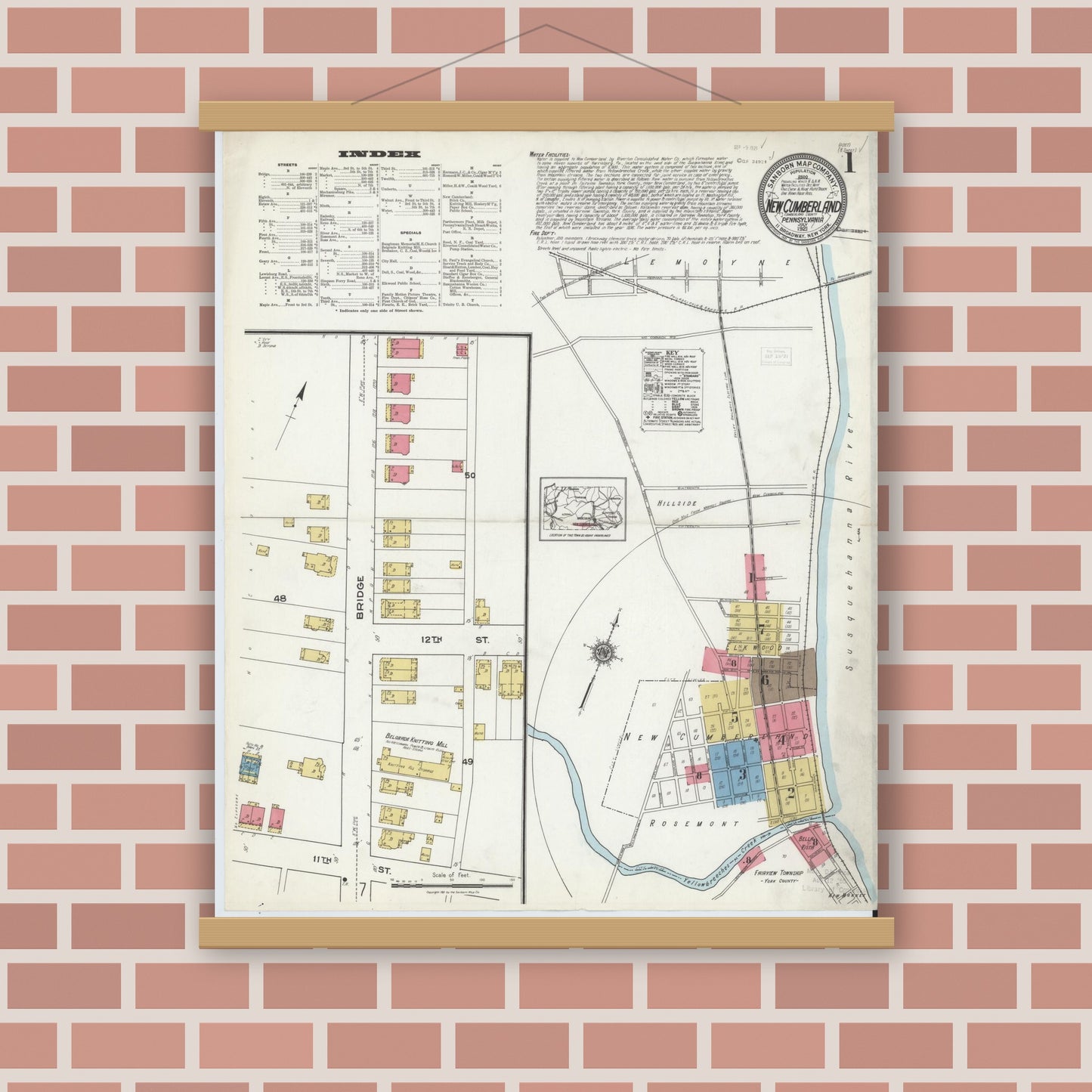 Old map wall art mockup — magnetic wood frame on brick wall — Sanborn Fire Insurance Map from New Cumberland, Cumberland County, Pennsylvania (1921) - Complete Map Set