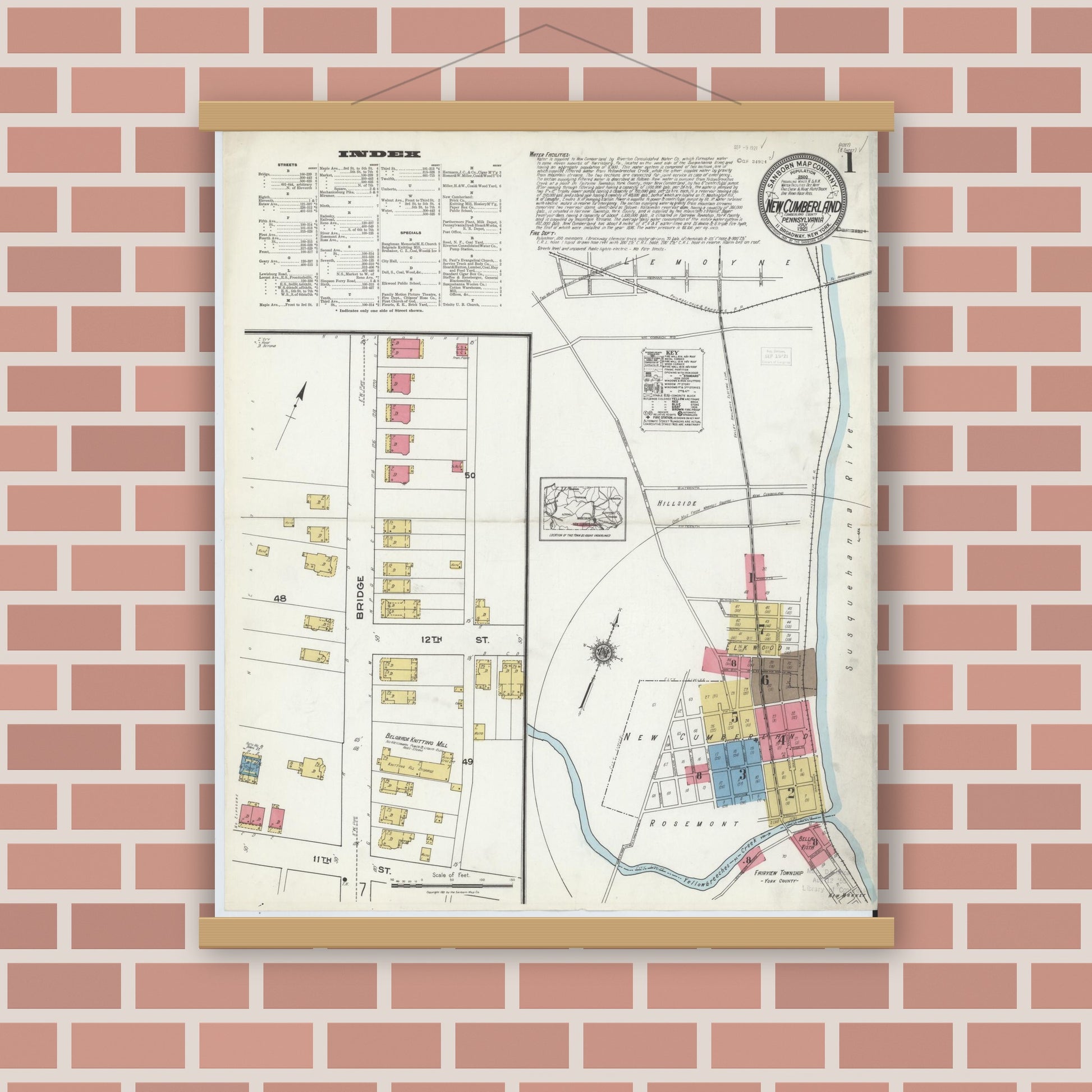 Old map wall art mockup — magnetic wood frame on brick wall — Sanborn Fire Insurance Map from New Cumberland, Cumberland County, Pennsylvania (1921) - Complete Map Set