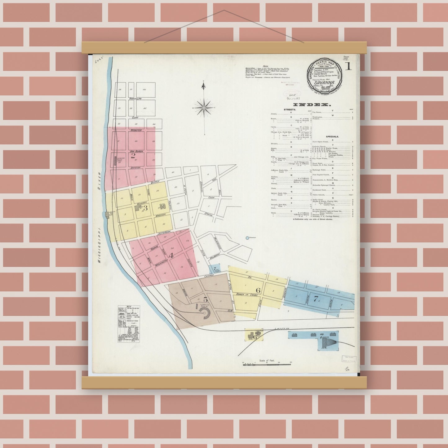 Old map wall art mockup — magnetic wood frame on brick wall — Sanborn Fire Insurance Map from Savanna, Carroll County, Illinois (1892) - Complete Map Set