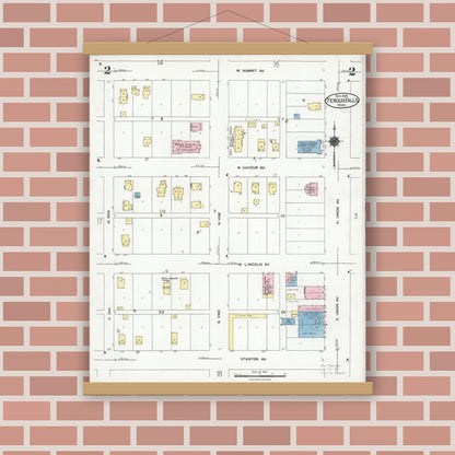 Old map wall art mockup — magnetic wood frame on brick wall — Sanborn Fire Insurance Map from Fergus Falls, Otter Tail County, Minnesota (1924), Sheet #0002