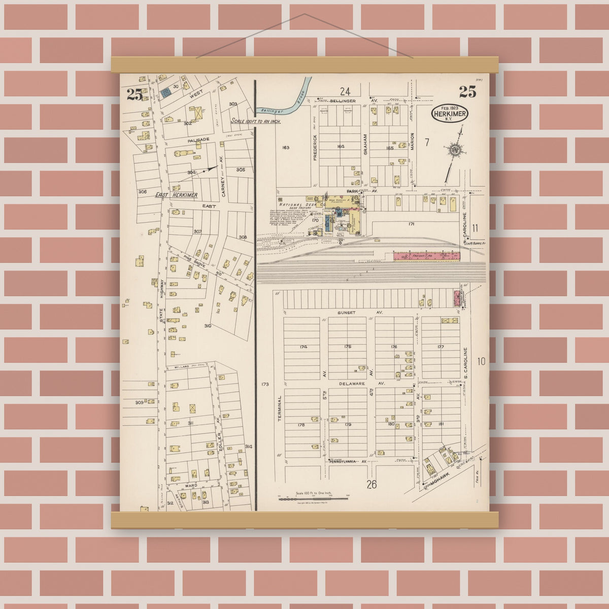Old map wall art mockup — magnetic wood frame on brick wall — Sanborn Fire Insurance Map from Herkimer, Herkimer County, New York (1923), Sheet #0025