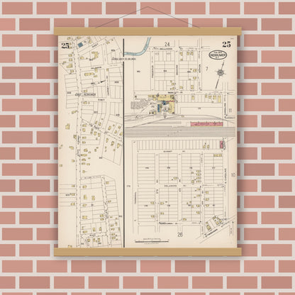 Old map wall art mockup — magnetic wood frame on brick wall — Sanborn Fire Insurance Map from Herkimer, Herkimer County, New York (1923), Sheet #0025