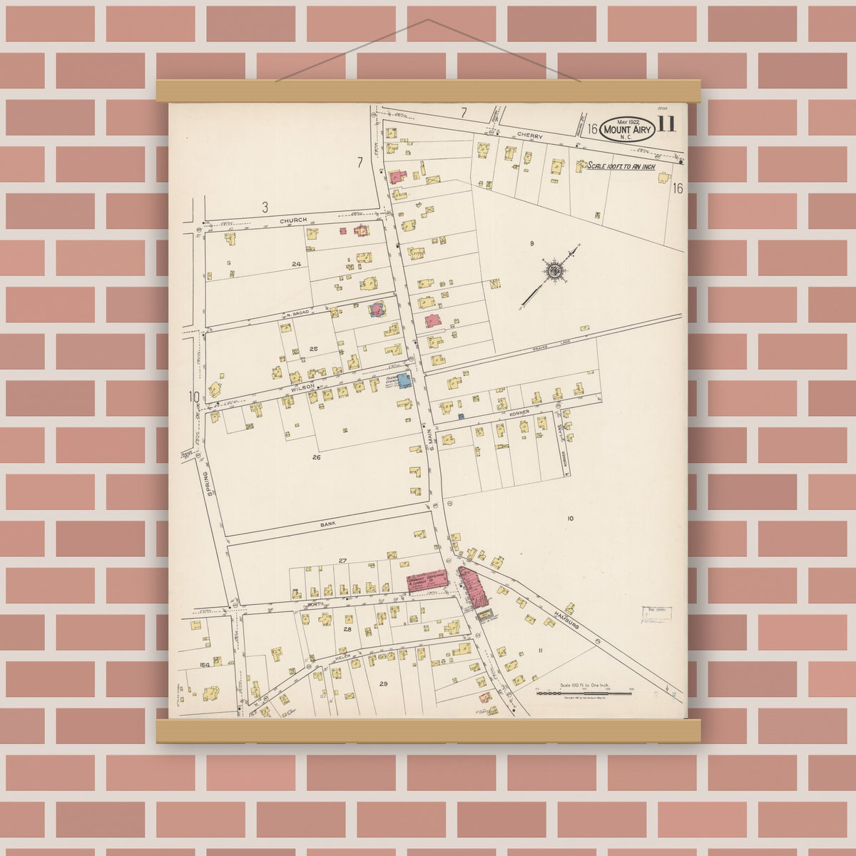 Old map wall art mockup — magnetic wood frame on brick wall — Sanborn Fire Insurance Map from Mount Airy, Surry County, North Carolina (1922), Sheet #0011