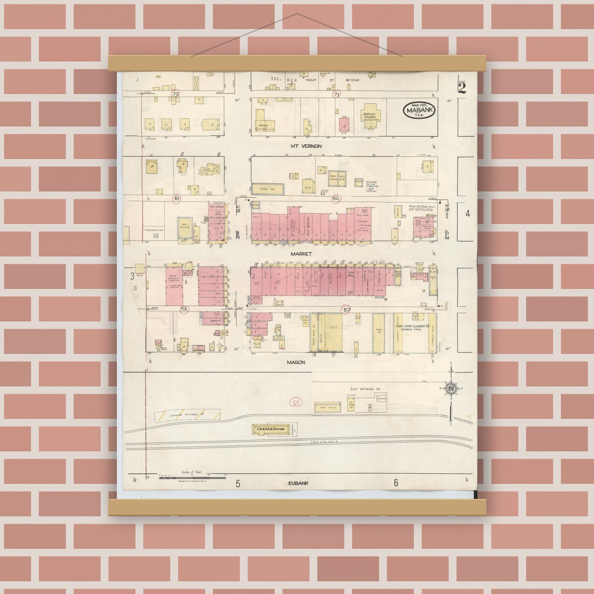 Old map wall art mockup — magnetic wood frame on brick wall — Sanborn Fire Insurance Map from Mabank, Kaufman County, Texas (1934), Sheet #0002