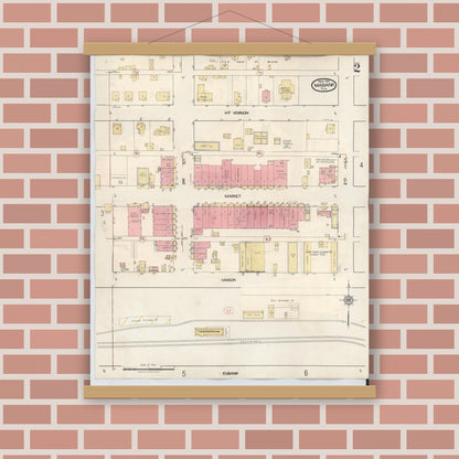 Old map wall art mockup — magnetic wood frame on brick wall — Sanborn Fire Insurance Map from Mabank, Kaufman County, Texas (1934), Sheet #0002