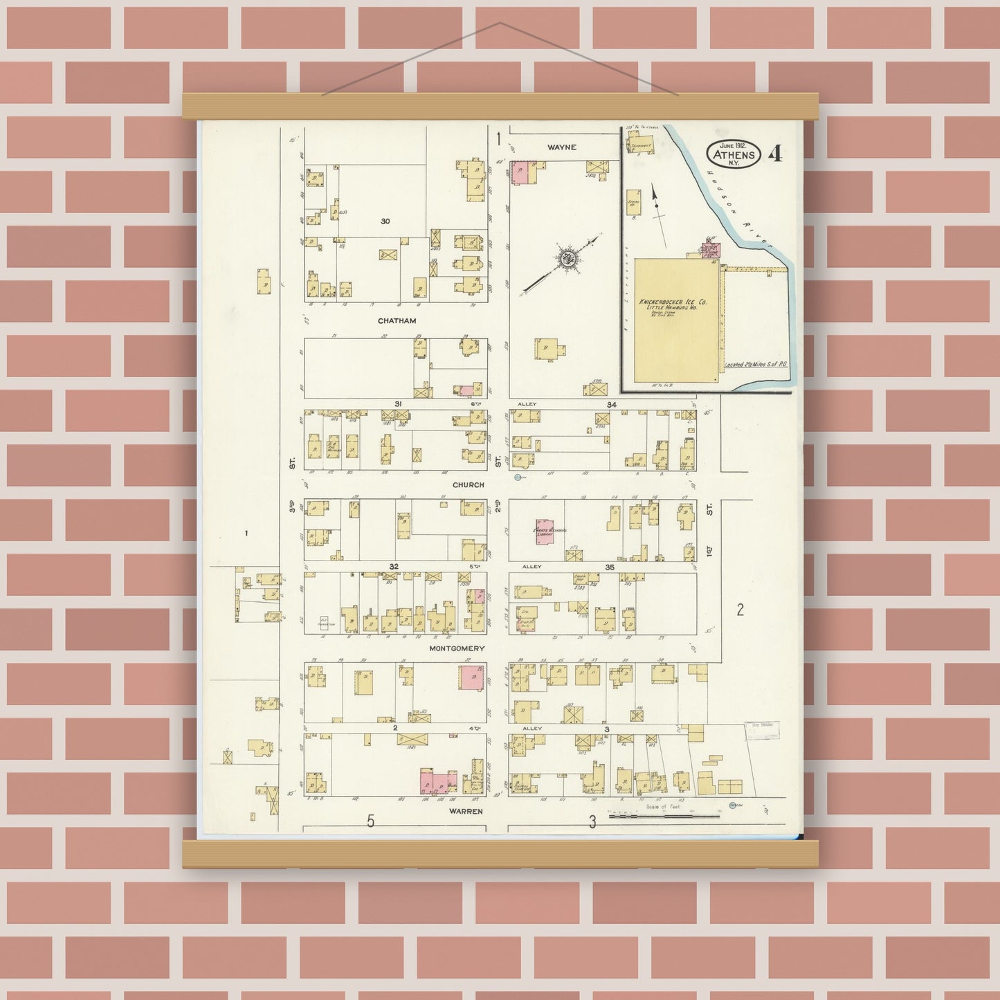 Old map wall art mockup — magnetic wood frame on brick wall — Sanborn Fire Insurance Map from Athens, Greene County, New York (1912), Sheet #0004