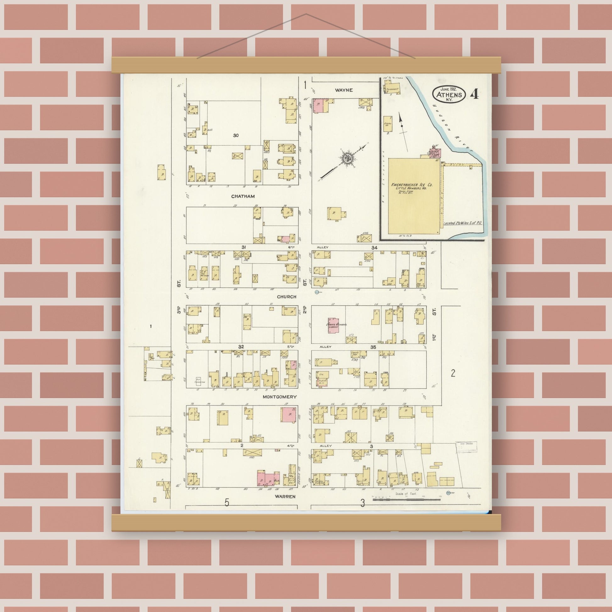 Old map wall art mockup — magnetic wood frame on brick wall — Sanborn Fire Insurance Map from Athens, Greene County, New York (1912), Sheet #0004