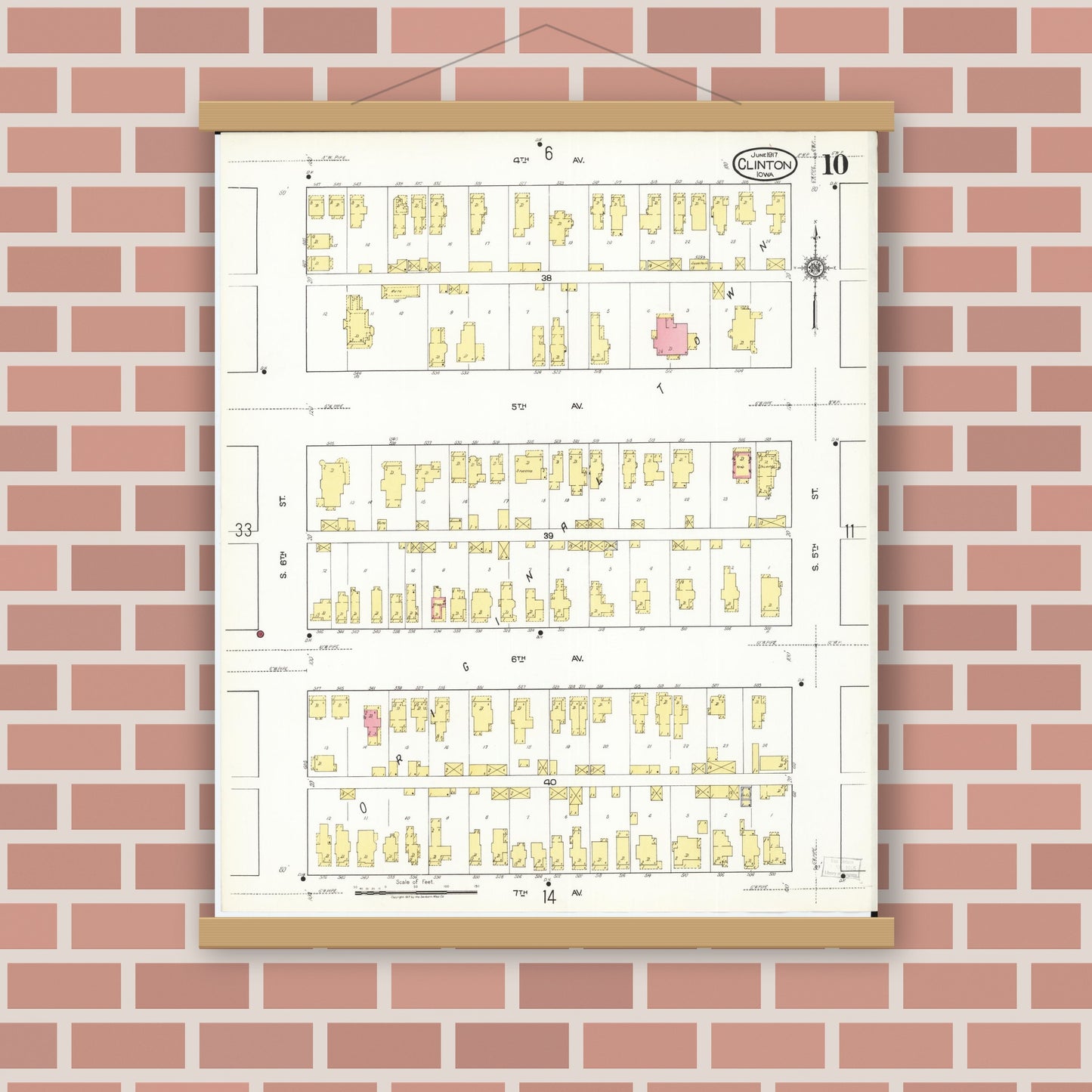 Old map wall art mockup — magnetic wood frame on brick wall — Sanborn Fire Insurance Map from Clinton, Clinton County, Iowa (1917), Sheet #0010