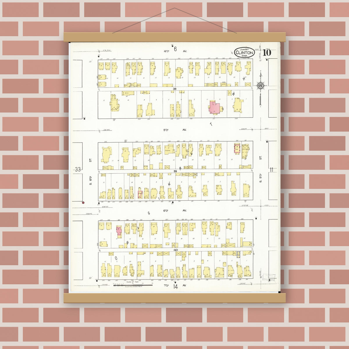 Old map wall art mockup — magnetic wood frame on brick wall — Sanborn Fire Insurance Map from Clinton, Clinton County, Iowa (1917), Sheet #0010