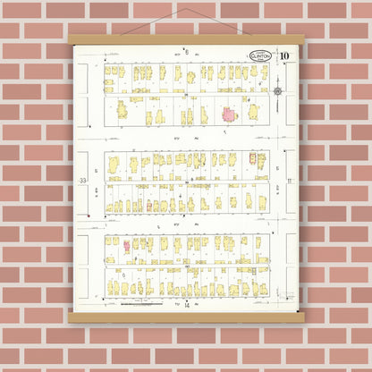 Old map wall art mockup — magnetic wood frame on brick wall — Sanborn Fire Insurance Map from Clinton, Clinton County, Iowa (1917), Sheet #0010