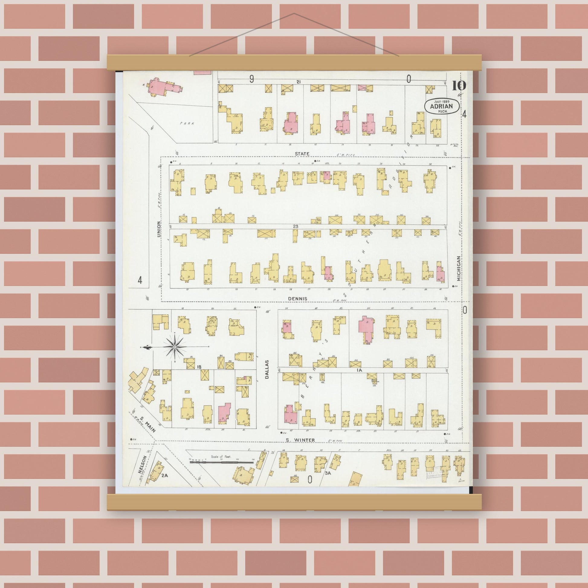Old map wall art mockup — magnetic wood frame on brick wall — Sanborn Fire Insurance Map from Adrian, Lenawee County, Michigan (1899), Sheet #0010