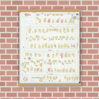 Old map wall art mockup — magnetic wood frame on brick wall — Sanborn Fire Insurance Map from Adrian, Lenawee County, Michigan (1899), Sheet #0010