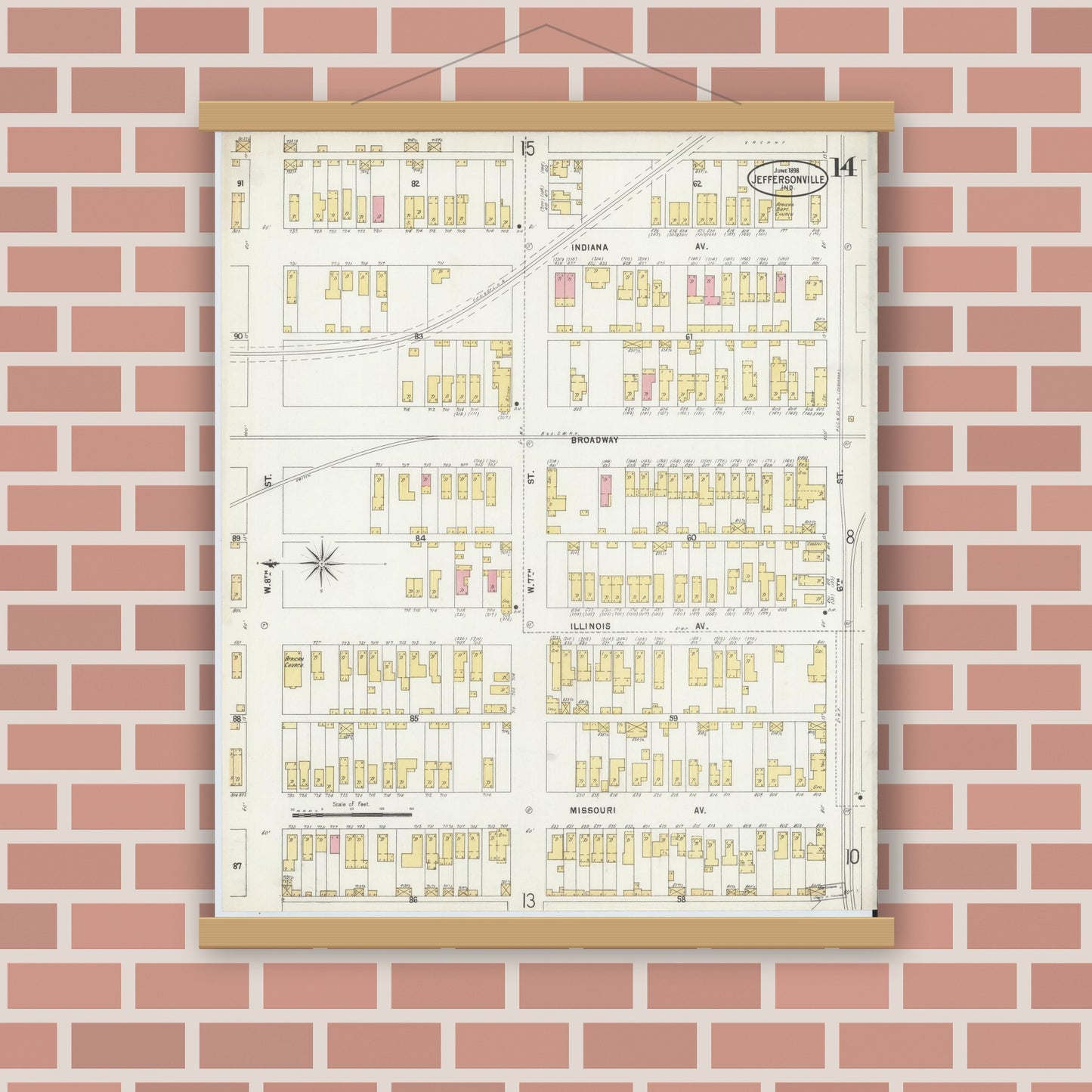 Old map wall art mockup — magnetic wood frame on brick wall — Sanborn Fire Insurance Map from Jeffersonville, Clark County, Indiana (1898), Sheet #0014