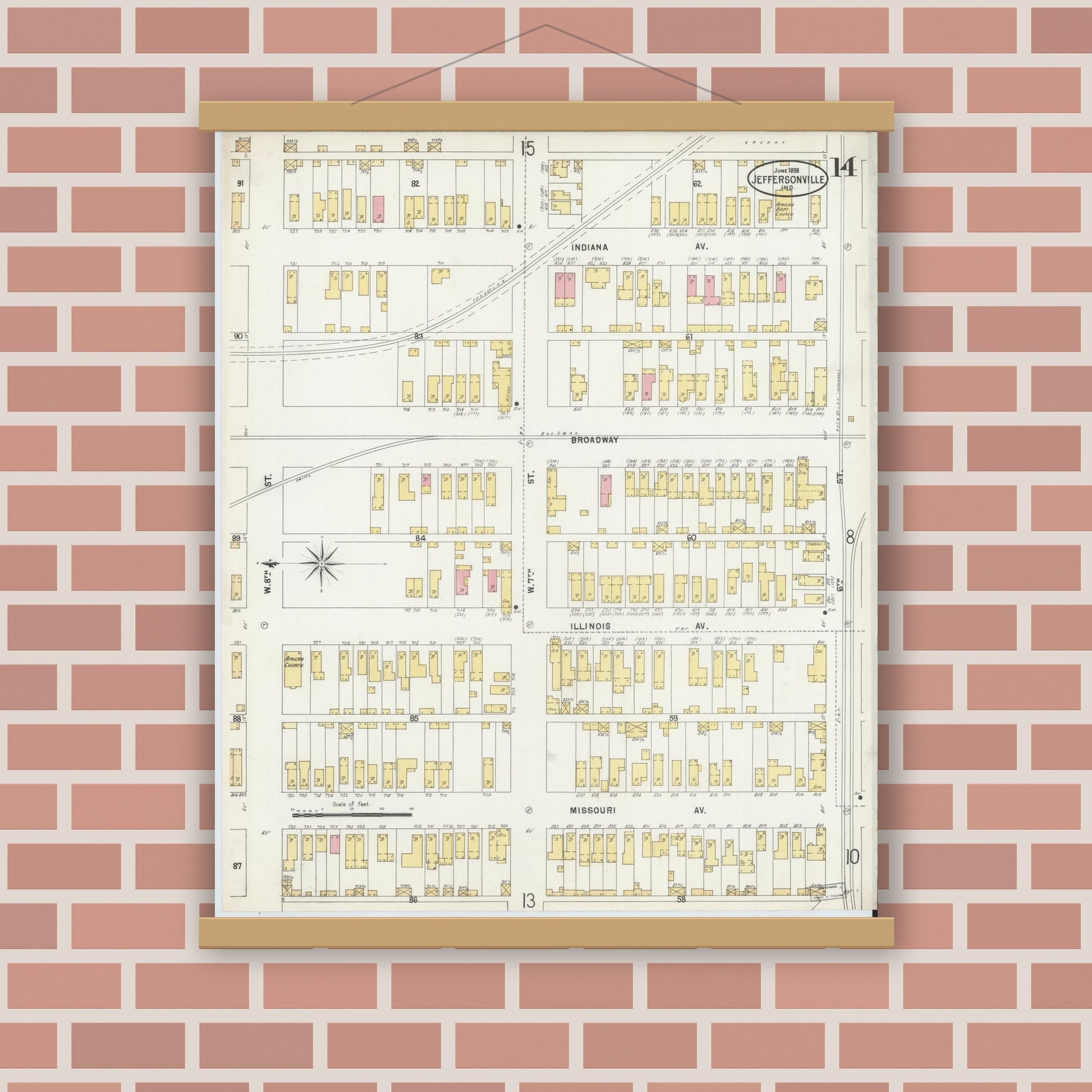 Old map wall art mockup — magnetic wood frame on brick wall — Sanborn Fire Insurance Map from Jeffersonville, Clark County, Indiana (1898), Sheet #0014