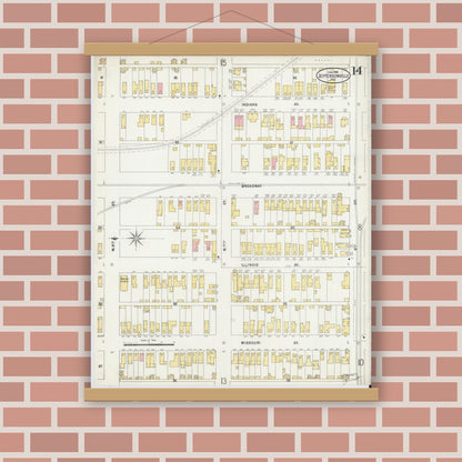 Old map wall art mockup — magnetic wood frame on brick wall — Sanborn Fire Insurance Map from Jeffersonville, Clark County, Indiana (1898), Sheet #0014