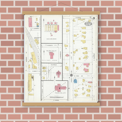 Old map wall art mockup — magnetic wood frame on brick wall — Sanborn Fire Insurance Map from Princeton, Bureau County, Illinois (1918), Sheet #0009