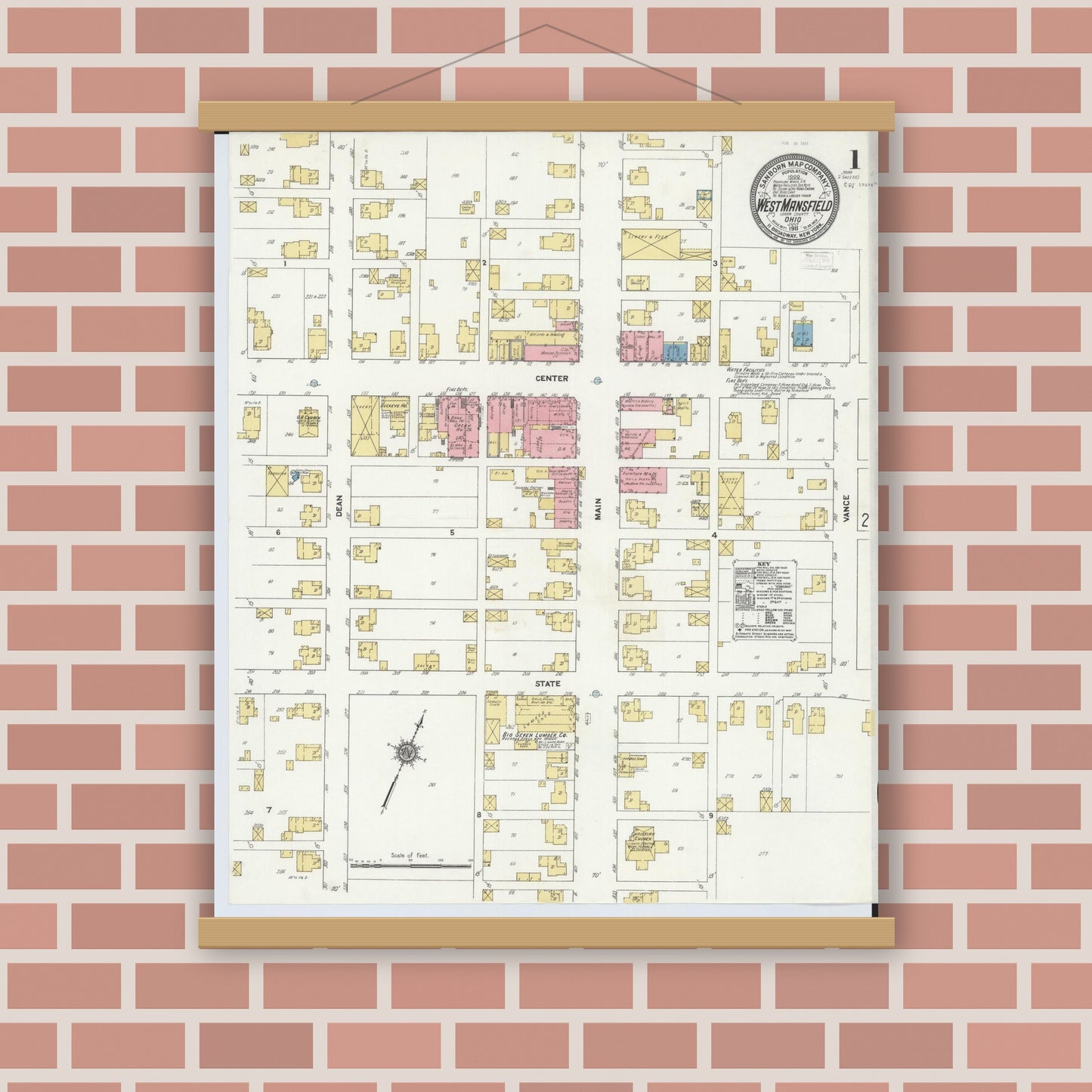 Old map wall art mockup — magnetic wood frame on brick wall — Sanborn Fire Insurance Map from West Mansfield, Logan County, Ohio (1911), Sheet #0001