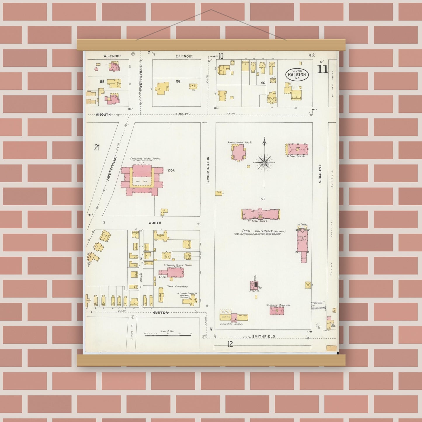Old map wall art mockup — magnetic wood frame on brick wall — Sanborn Fire Insurance Map from Raleigh, Wake County, North Carolina (1903), Sheet #0011