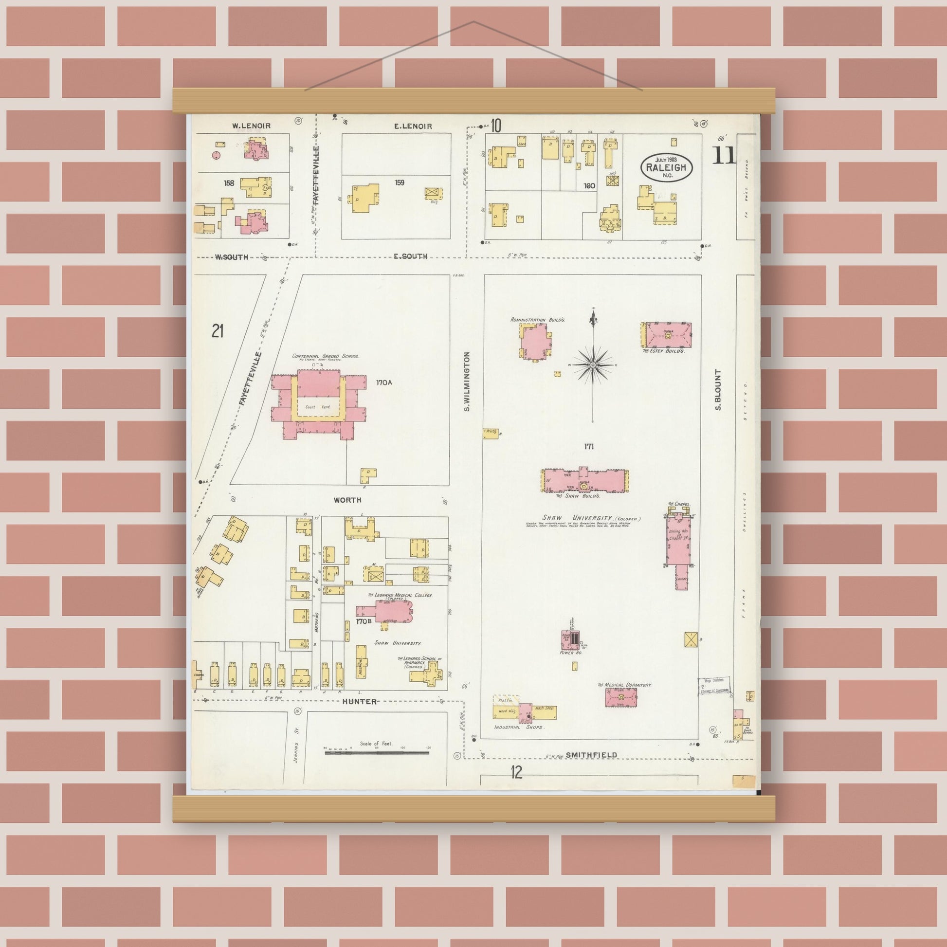 Old map wall art mockup — magnetic wood frame on brick wall — Sanborn Fire Insurance Map from Raleigh, Wake County, North Carolina (1903), Sheet #0011