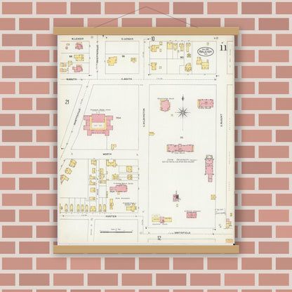 Old map wall art mockup — magnetic wood frame on brick wall — Sanborn Fire Insurance Map from Raleigh, Wake County, North Carolina (1903), Sheet #0011