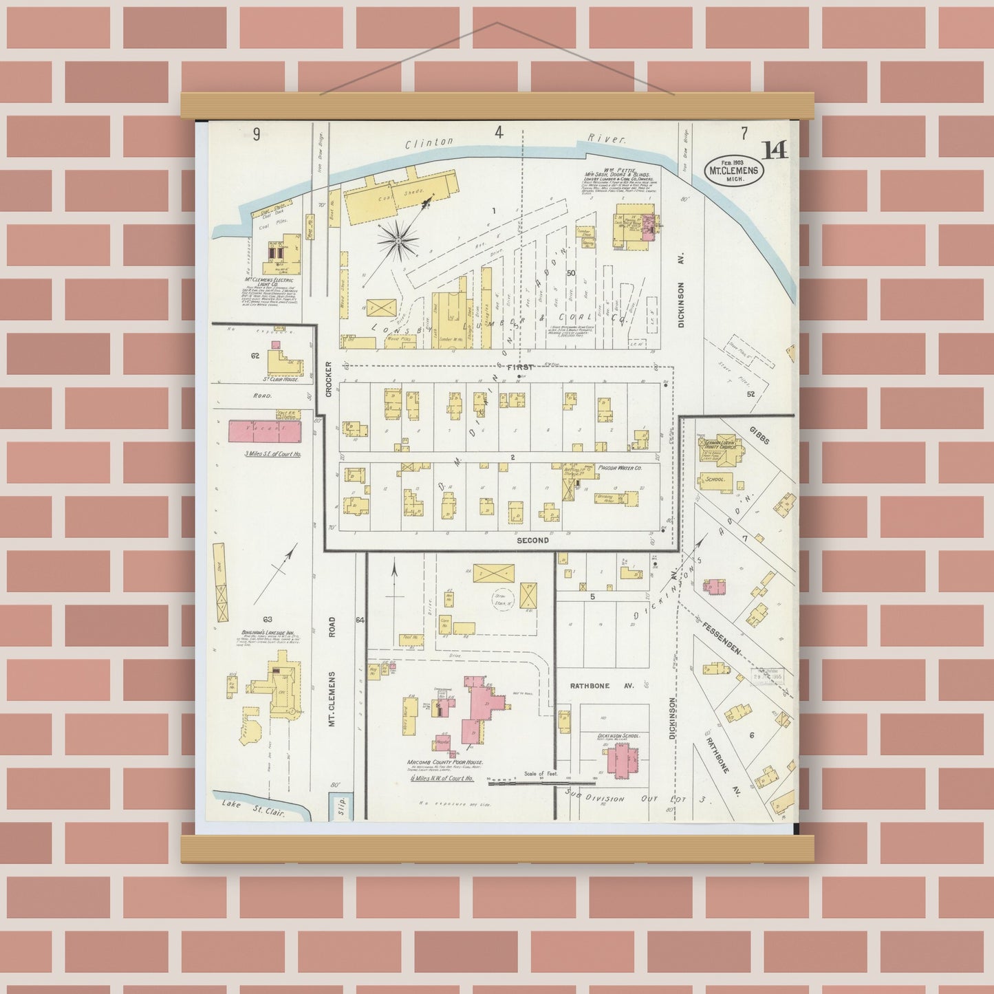 Old map wall art mockup — magnetic wood frame on brick wall — Sanborn Fire Insurance Map from Mount Clemens, Macomb County, Michigan (1903), Sheet #0014