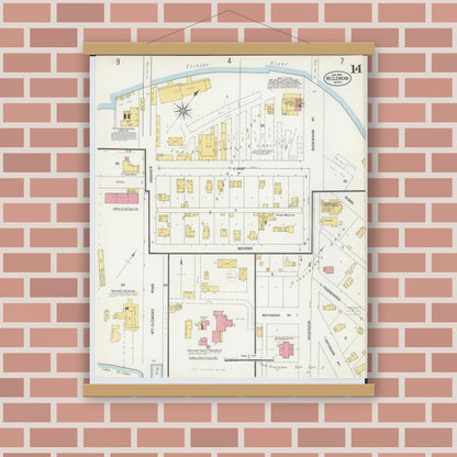 Old map wall art mockup — magnetic wood frame on brick wall — Sanborn Fire Insurance Map from Mount Clemens, Macomb County, Michigan (1903), Sheet #0014