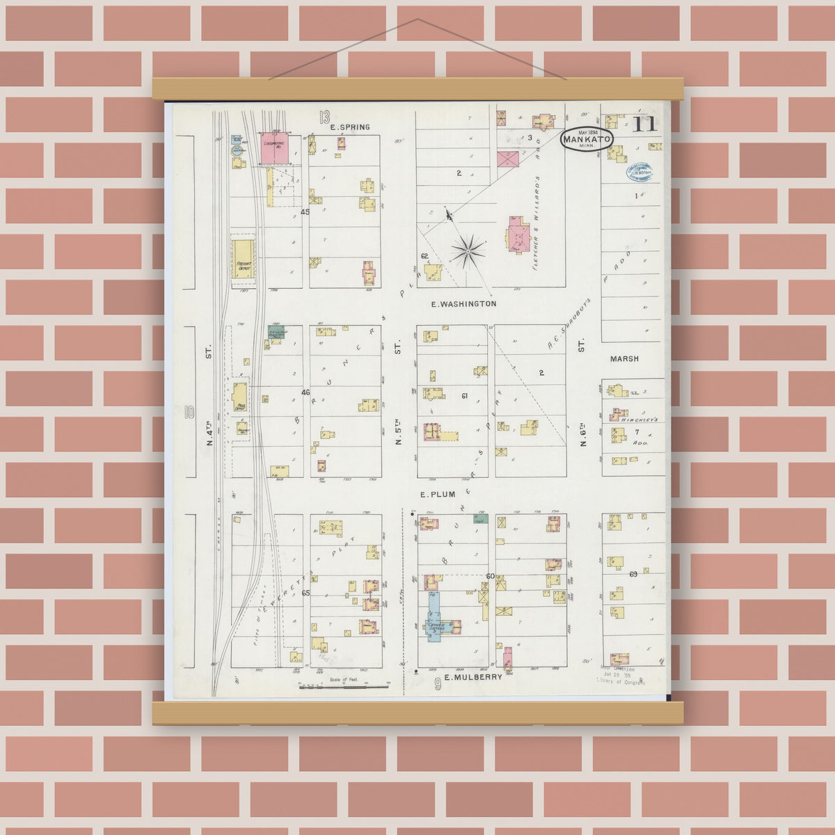 Old map wall art mockup — magnetic wood frame on brick wall — Sanborn Fire Insurance Map from Mankato, Blue Earth County, Minnesota (1894), Sheet #0011