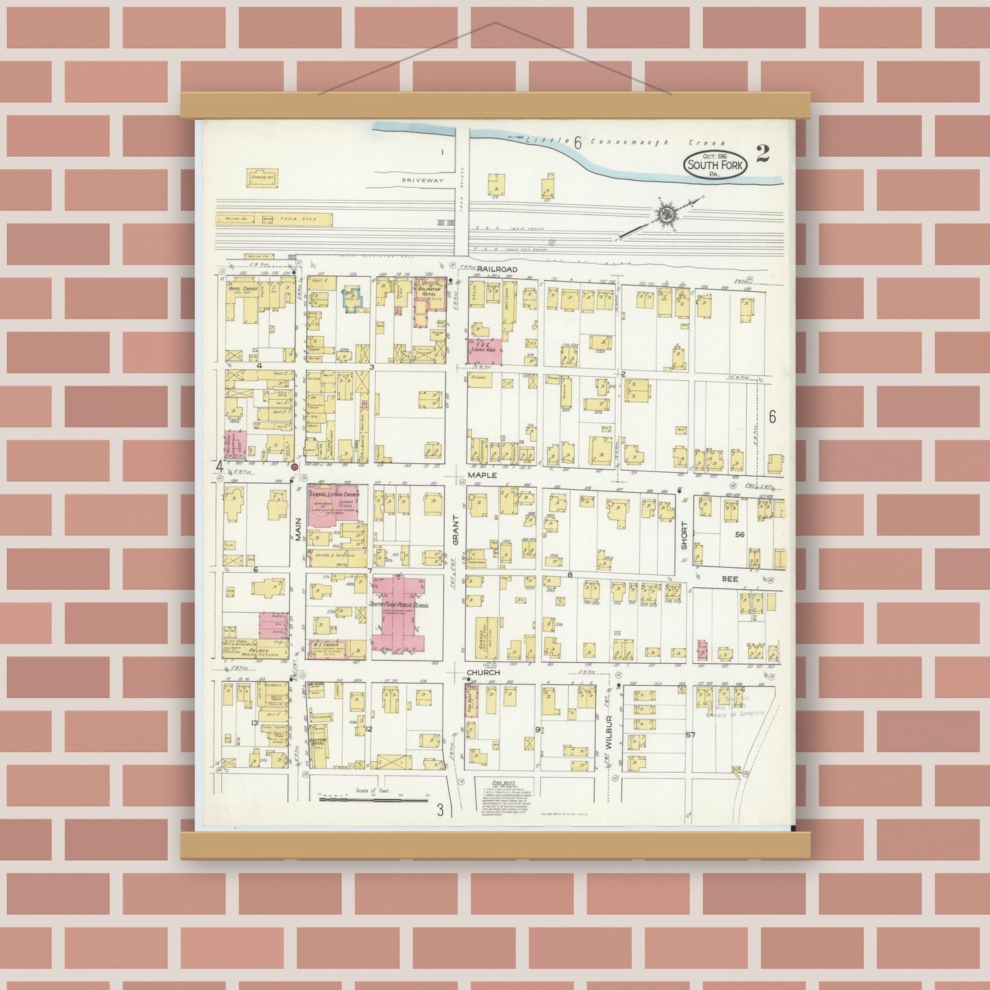 Old map wall art mockup — magnetic wood frame on brick wall — Sanborn Fire Insurance Map from South Fork, Cambria County, Pennsylvania (1916), Sheet #0002