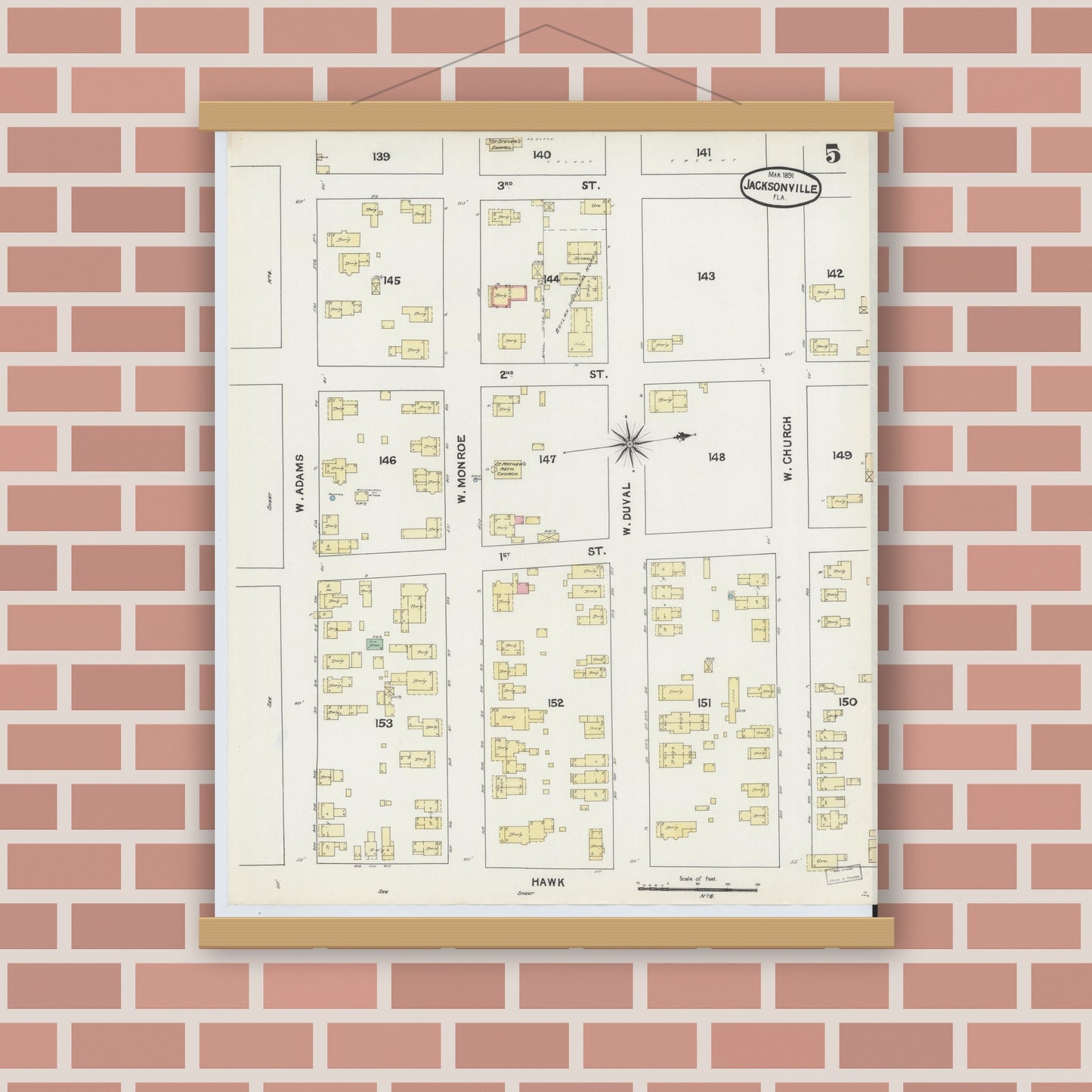 Old map wall art mockup — magnetic wood frame on brick wall — Sanborn Fire Insurance Map from Jacksonville, Duval County, Florida (1891), Sheet #0005