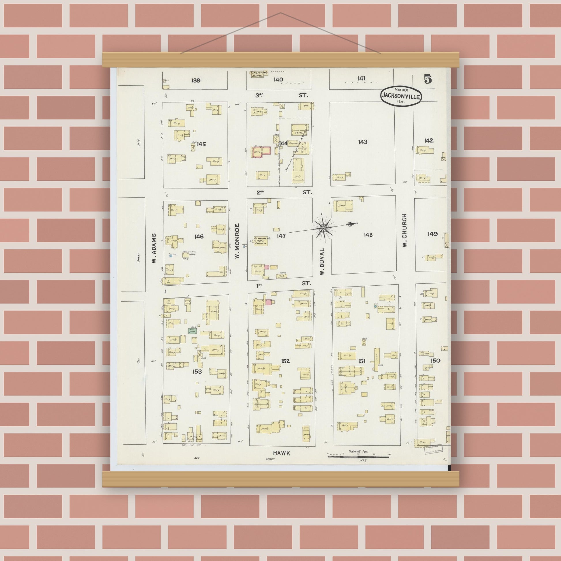 Old map wall art mockup — magnetic wood frame on brick wall — Sanborn Fire Insurance Map from Jacksonville, Duval County, Florida (1891), Sheet #0005