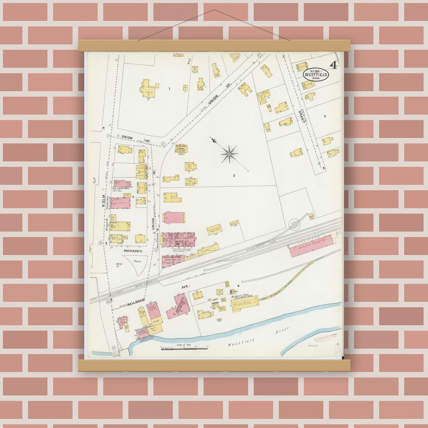 Old map wall art mockup — magnetic wood frame on brick wall — Sanborn Fire Insurance Map from Westfield, Hampden County, Massachusetts (1905), Sheet #0004