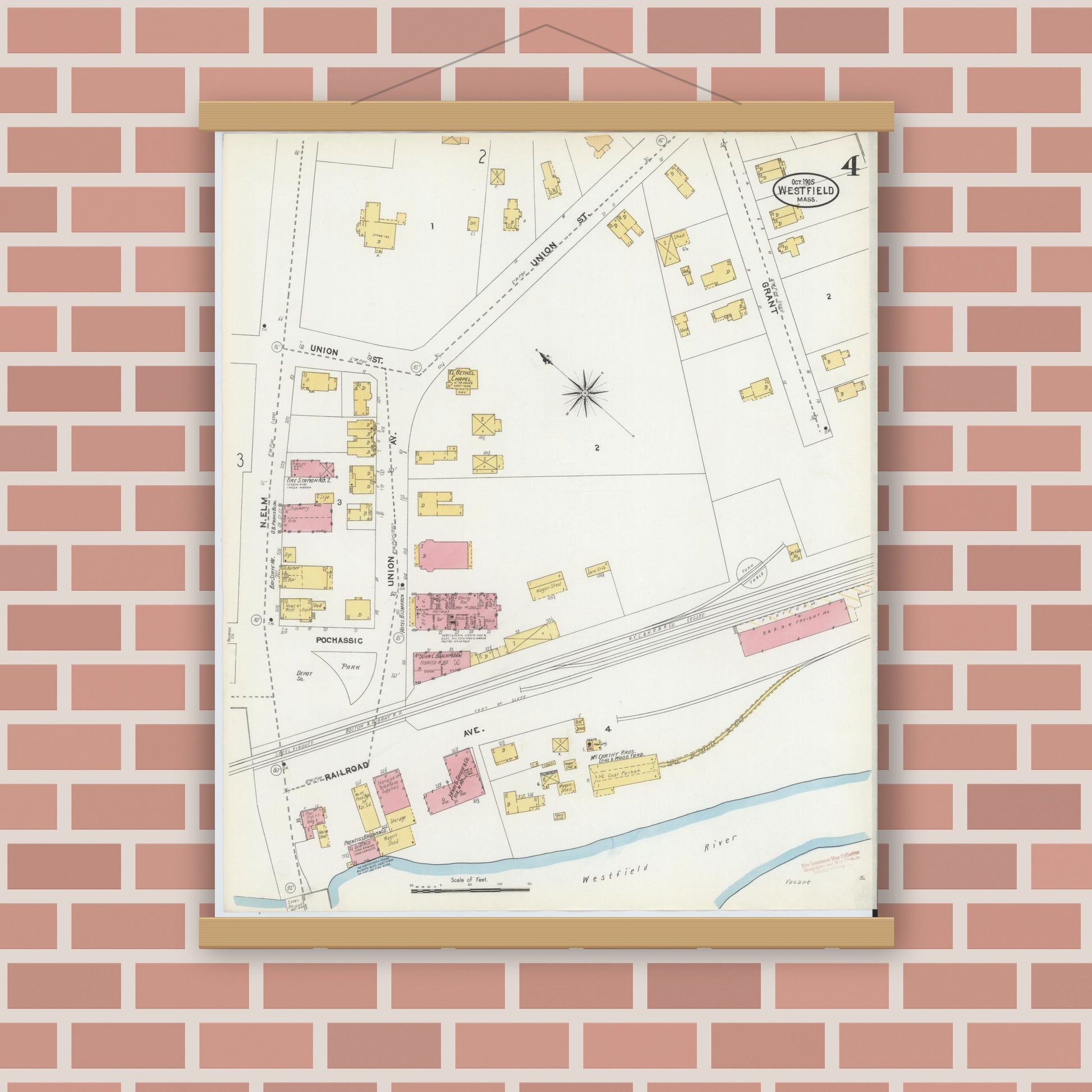 Old map wall art mockup — magnetic wood frame on brick wall — Sanborn Fire Insurance Map from Westfield, Hampden County, Massachusetts (1905), Sheet #0004