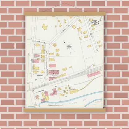 Old map wall art mockup — magnetic wood frame on brick wall — Sanborn Fire Insurance Map from Westfield, Hampden County, Massachusetts (1905), Sheet #0004