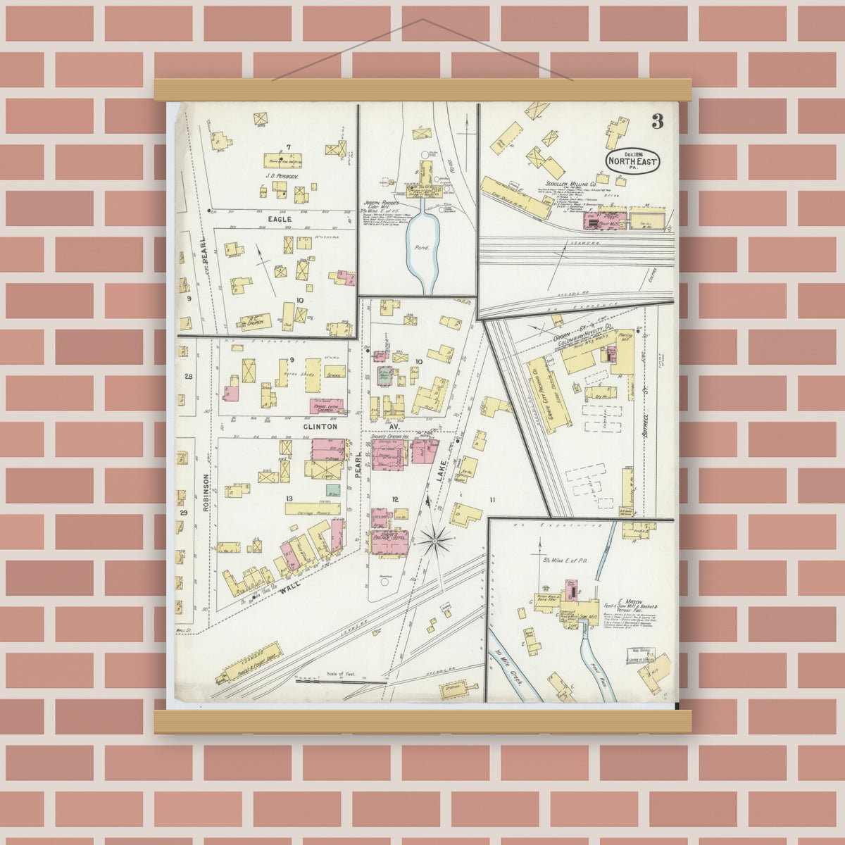Old map wall art mockup — magnetic wood frame on brick wall — Sanborn Fire Insurance Map from North East, Erie County, Pennsylvania (1896), Sheet #0003