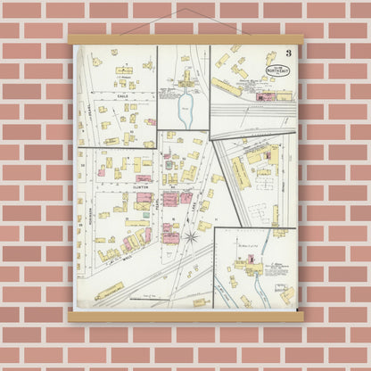 Old map wall art mockup — magnetic wood frame on brick wall — Sanborn Fire Insurance Map from North East, Erie County, Pennsylvania (1896), Sheet #0003