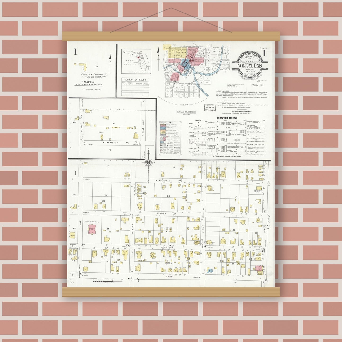 Old map wall art mockup — magnetic wood frame on brick wall — Sanborn Fire Insurance Map from Dunnellon, Marion County, Florida (1933), Sheet #0001