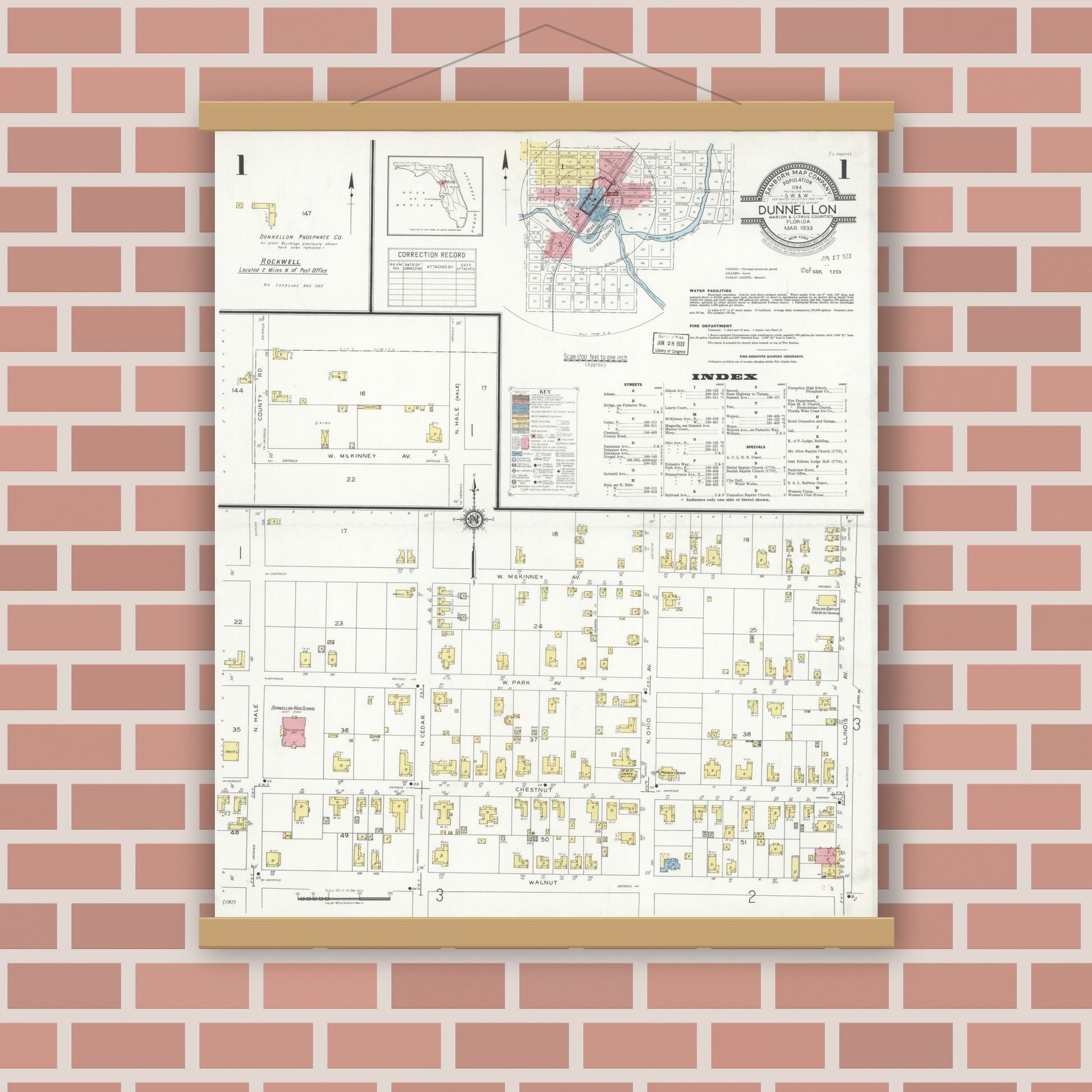 Old map wall art mockup — magnetic wood frame on brick wall — Sanborn Fire Insurance Map from Dunnellon, Marion County, Florida (1933), Sheet #0001