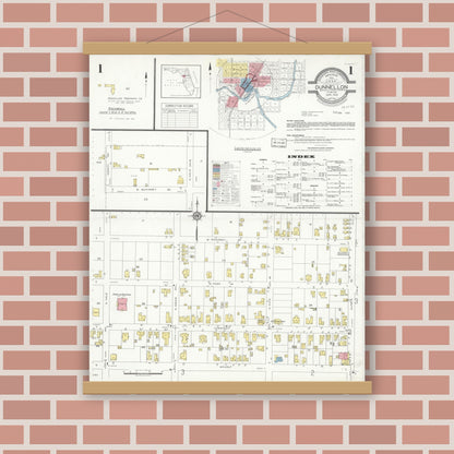 Old map wall art mockup — magnetic wood frame on brick wall — Sanborn Fire Insurance Map from Dunnellon, Marion County, Florida (1933), Sheet #0001