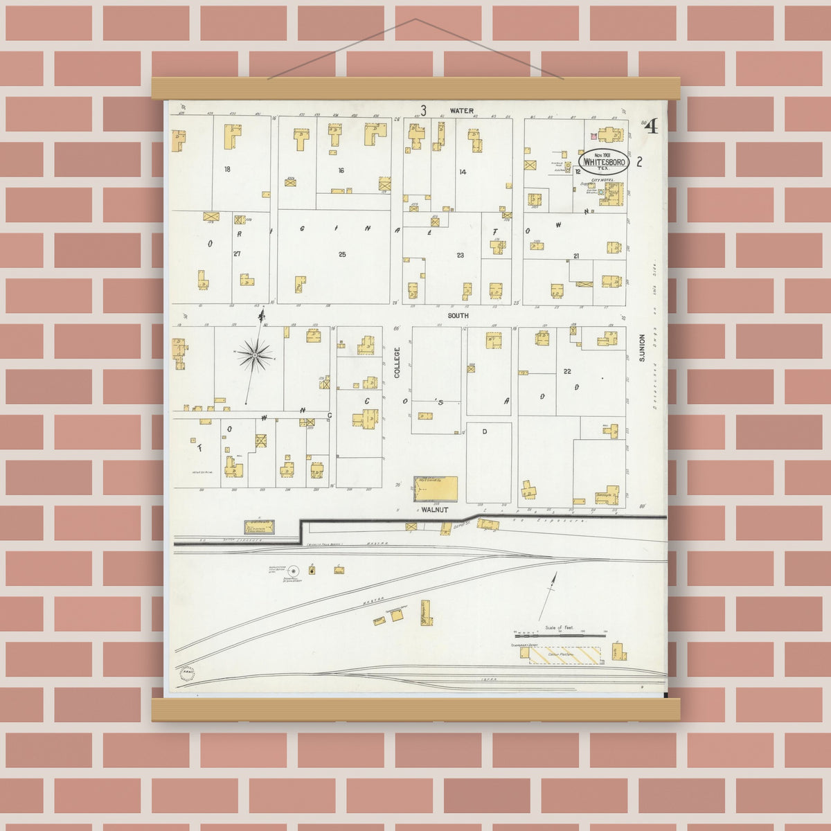 Old map wall art mockup — magnetic wood frame on brick wall — Sanborn Fire Insurance Map from Whitesboro, Grayson County, Texas (1901), Sheet #0004