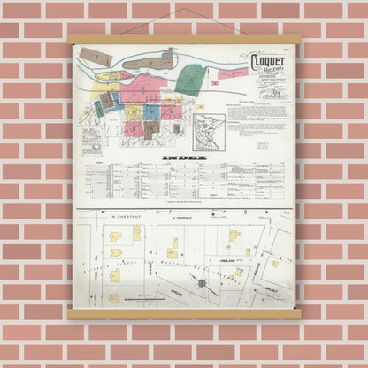 Old map wall art mockup — magnetic wood frame on brick wall — Sanborn Fire Insurance Map from Cloquet, Carlton County, Minnesota (1919), Sheet #0001