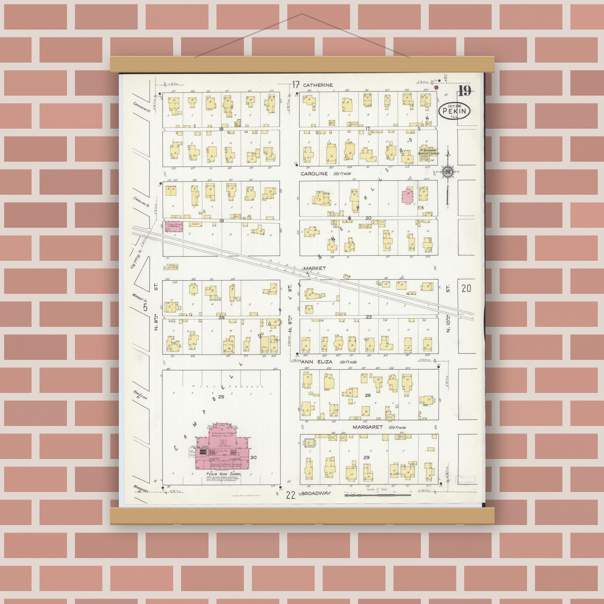 Old map wall art mockup — magnetic wood frame on brick wall — Sanborn Fire Insurance Map from Pekin, Tazewell County, Illinois (1916), Sheet #0019