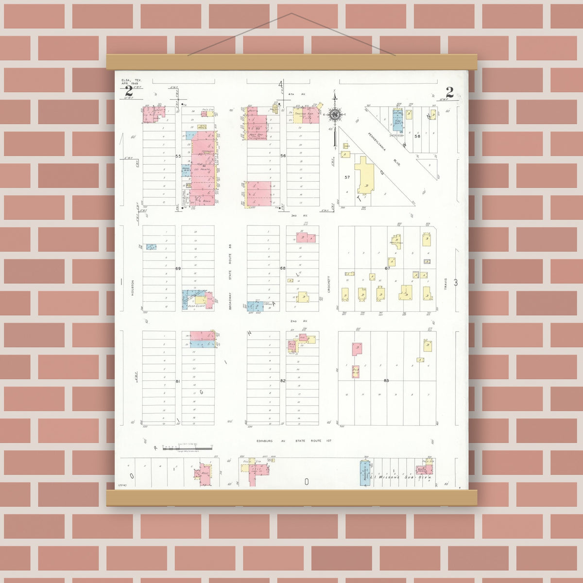 Old map wall art mockup — magnetic wood frame on brick wall — Sanborn Fire Insurance Map from Elsa, Hidalgo County, Texas (1949), Sheet #0002